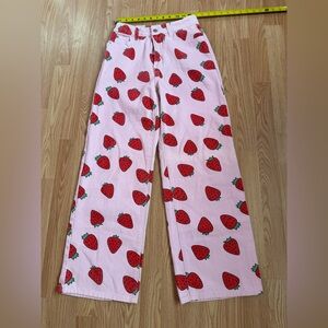 SHEIN Pink Wide-Leg Jeans with Red Strawberry Print